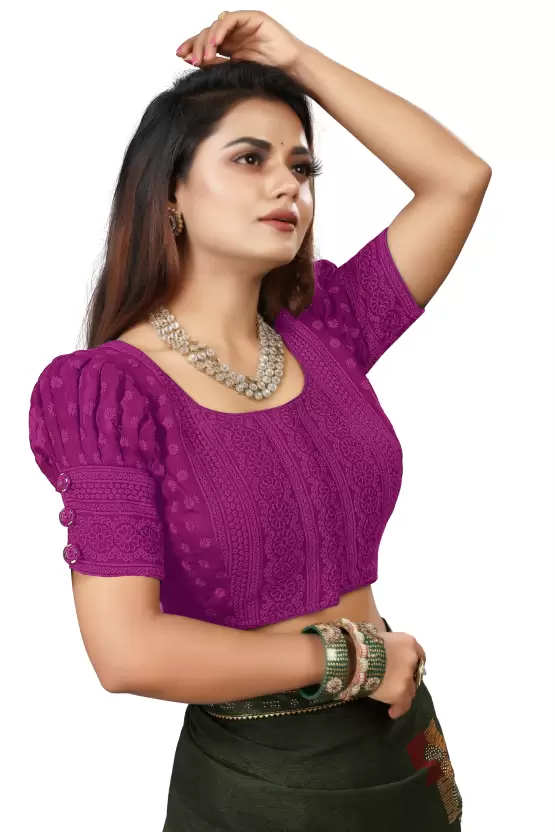 Wine Colour U Neck Puff Sleeve Blouse Design