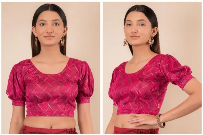 Embellished Puff Sleeve Stretchable Jacquard Saree Blouse