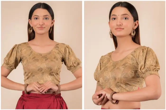 Woven Design Puff Sleeves Stretchable Jacquard Saree Blouse