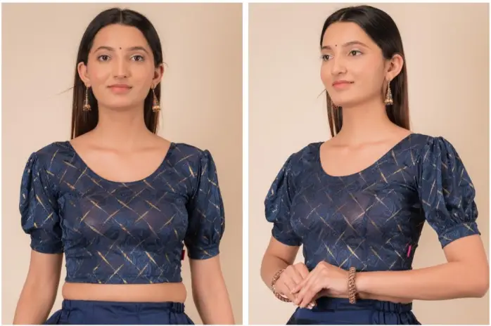 Embellished Puff Sleeves Stretchable Jacquard Saree Blouse